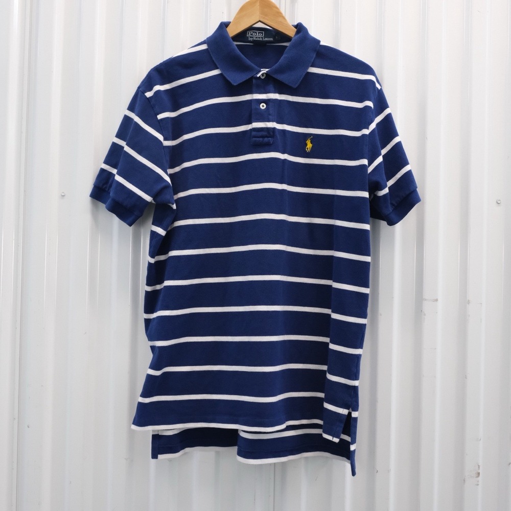 Vintage Ralph Lauren Polo‎ Shirt Mens Large Blue White Striped Short Sleeve Pony